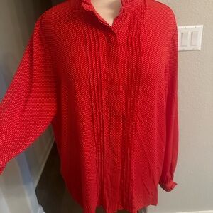 Red Polka Dot Blouse button up w ruffles and flirty seams
